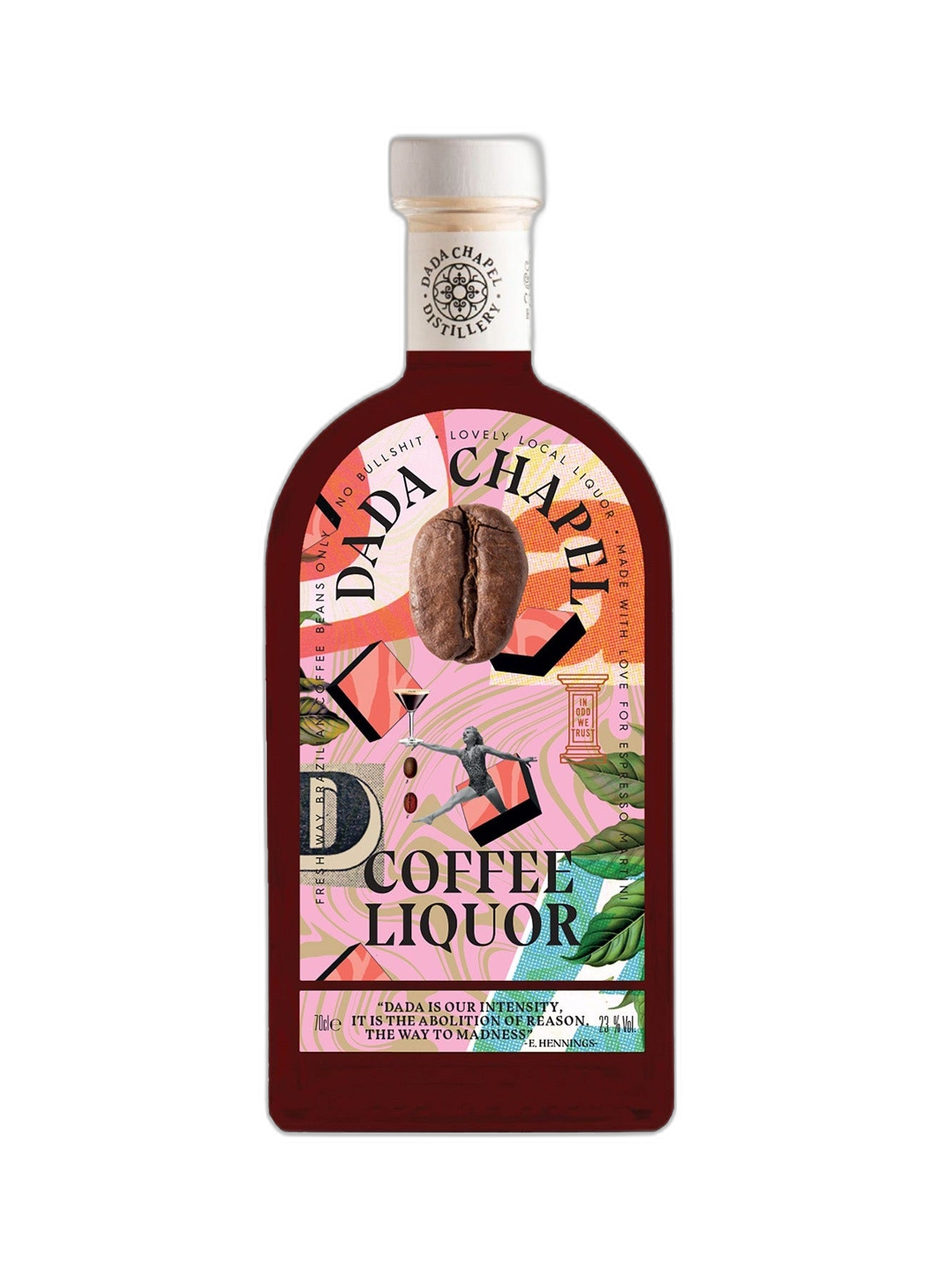 Bottle of Dada Chapel Coffee Liqueur 23° in 70cl glass with dark coffee-colored liquid, label featuring the Dada Chapel brand.