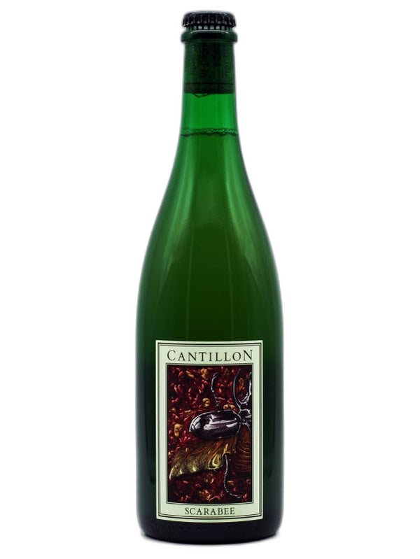 Bottle of Cantillon Scarabée Lambic beer with label visible, showcasing its distinctive design and branding.
