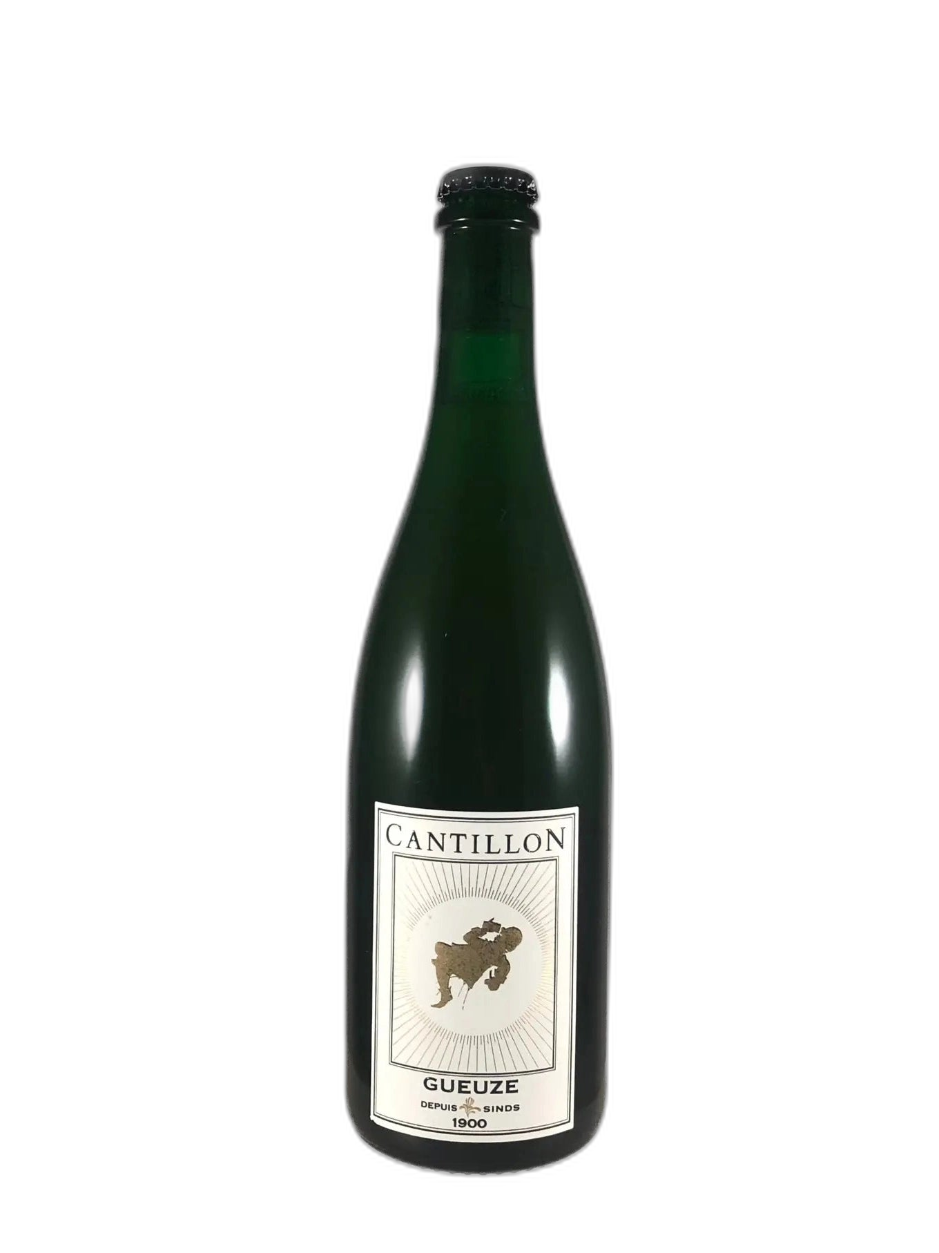 Bottle of Cantillon Gueuze Lambic beer with 75cl label, showcasing the Cantillon brand and traditional European brewing style.