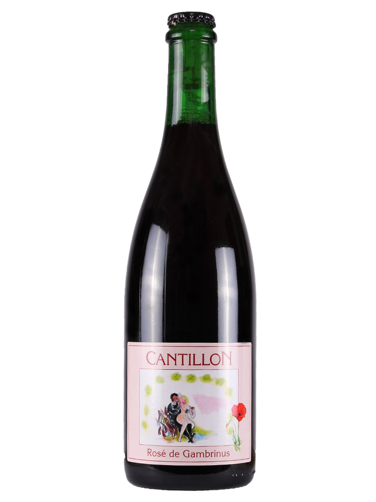Cantillon Rosé de Gambrinus Lambic beer bottle with pink label and 75cl size, featuring a dark bottle and minimalist design.
