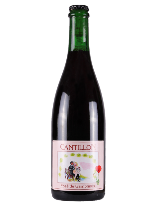 Cantillon Rosé de Gambrinus Lambic beer bottle with pink label and 75cl size, featuring a dark bottle and minimalist design.