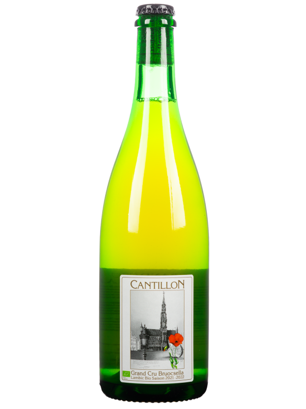 Bottle of Cantillon Cru Bruocsella 5° lambic beer in a 75cl glass bottle with a label, ready for pouring.