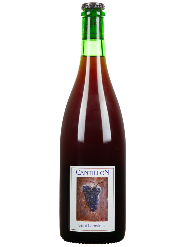 Bottle of Cantillon Saint Lamvinus Lambic beer, 75cl, featuring a green glass with a label showcasing Belgian brewing craftsmanship.