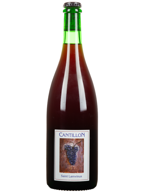 Bottle of Cantillon Saint Lamvinus Lambic beer, 75cl, featuring a green glass with a label showcasing Belgian brewing craftsmanship.