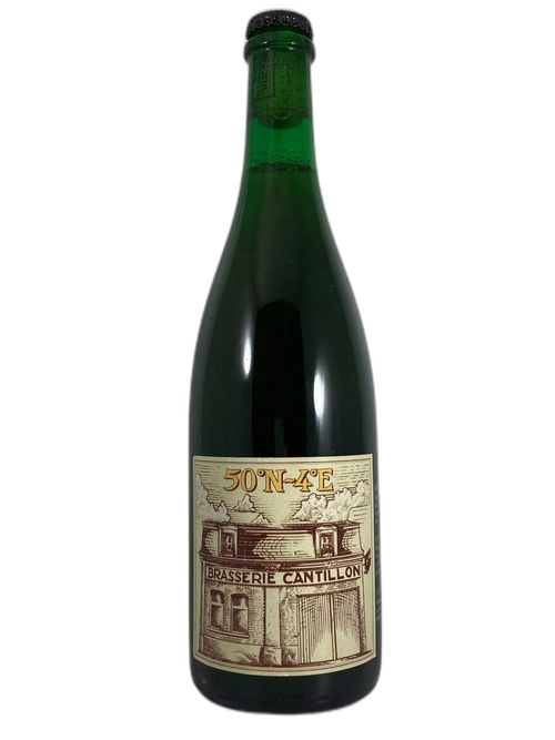Bottle of Cantillon Lambic beer with a 75cl label, showcasing the Cantillon brand and a colorful, detailed design on the label.
