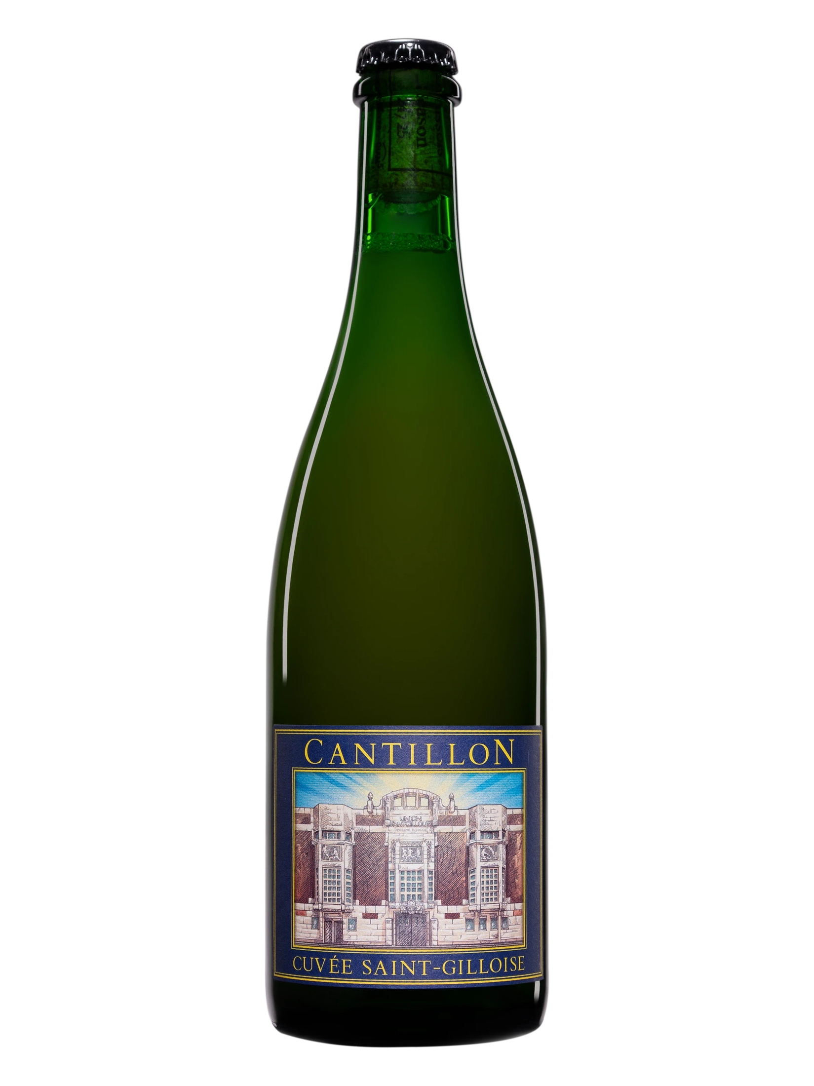 Bottle of Cantillon Cuvée St. Gilloise Lambic beer with label visible, showcasing a traditional Belgian brewing style.