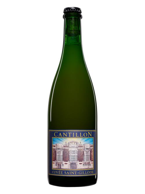 Bottle of Cantillon Cuvée St. Gilloise Lambic beer with label visible, showcasing a traditional Belgian brewing style.
