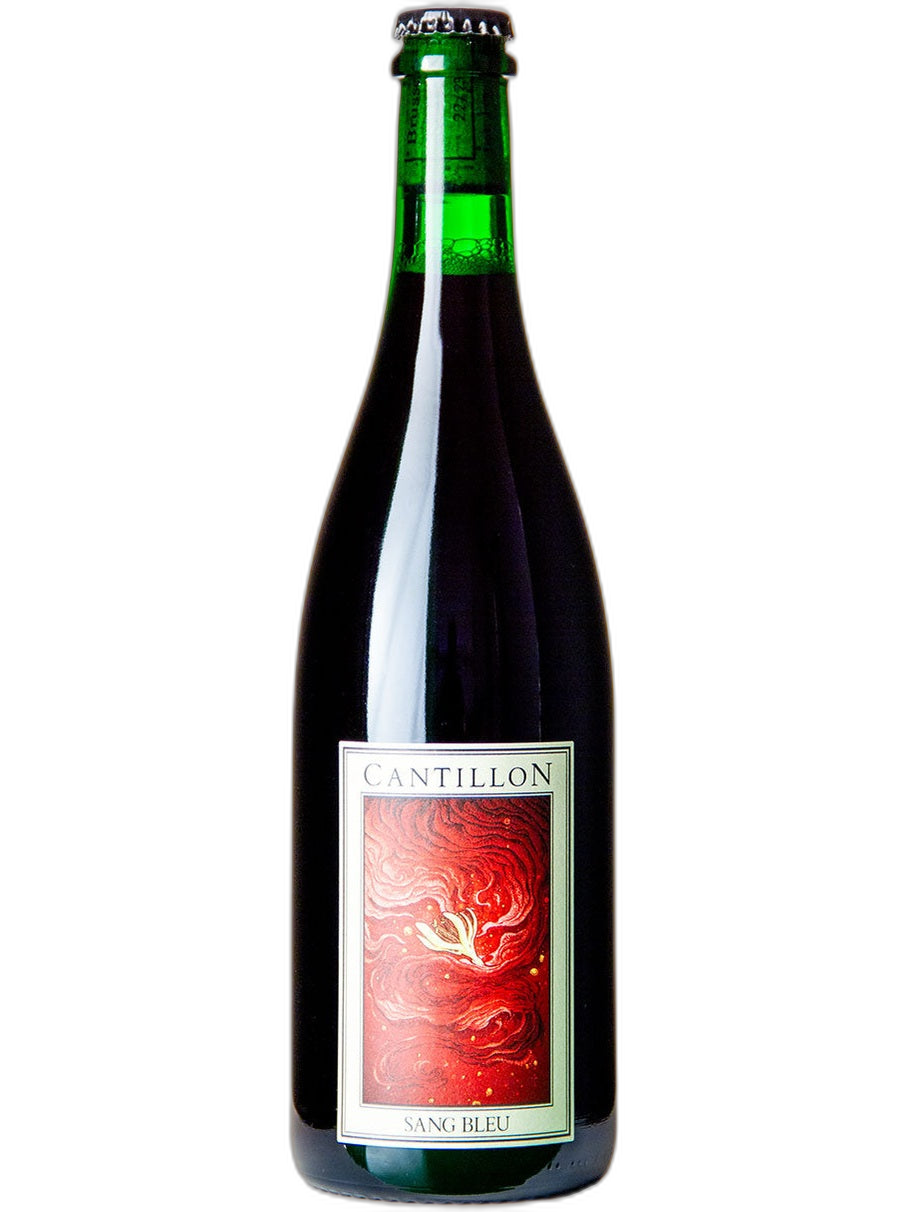 Cantillon Sang Bleu Lambic beer bottle with label and glass of poured beer, showcasing the Belgian craft brew.