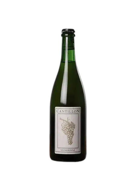 Bottle of Cantillon Vigneronne lambic beer with a dark label and gold accents, displayed against a neutral background.