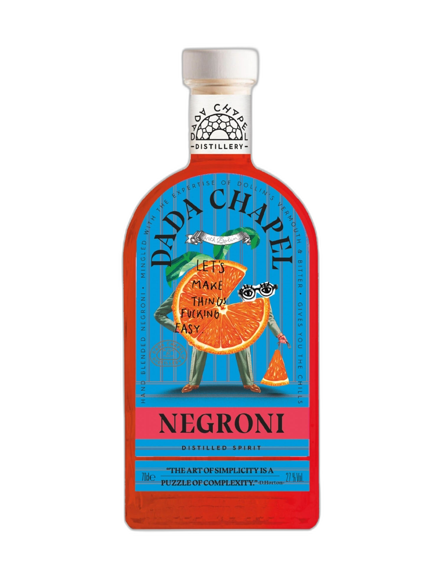 Dada Chapel Negroni 27° bitters bottle with label and logo, 70cl size, on a neutral background.