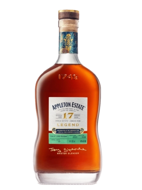 Appleton Estate Appleton 17Y Legend Jamaica Rum bottle with dark amber liquid and label featuring gold accents and detailed branding.