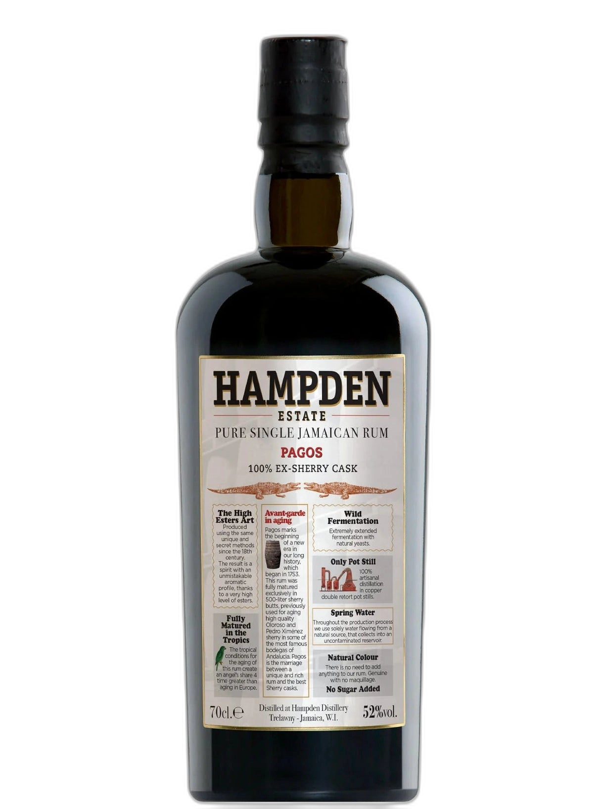 Hampden Estate Hampden Pagos '23 52° Jamaica Rum bottle with label, 70cl, in clear glass with amber liquid visible.