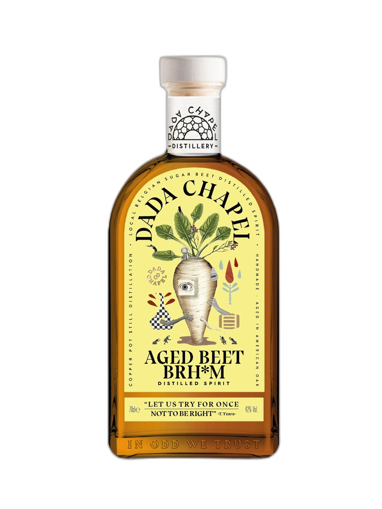 Dada Chapel Aged Beet Brhum Rum 42° 70cl bottle with label, showcasing rich amber color and detailed packaging.