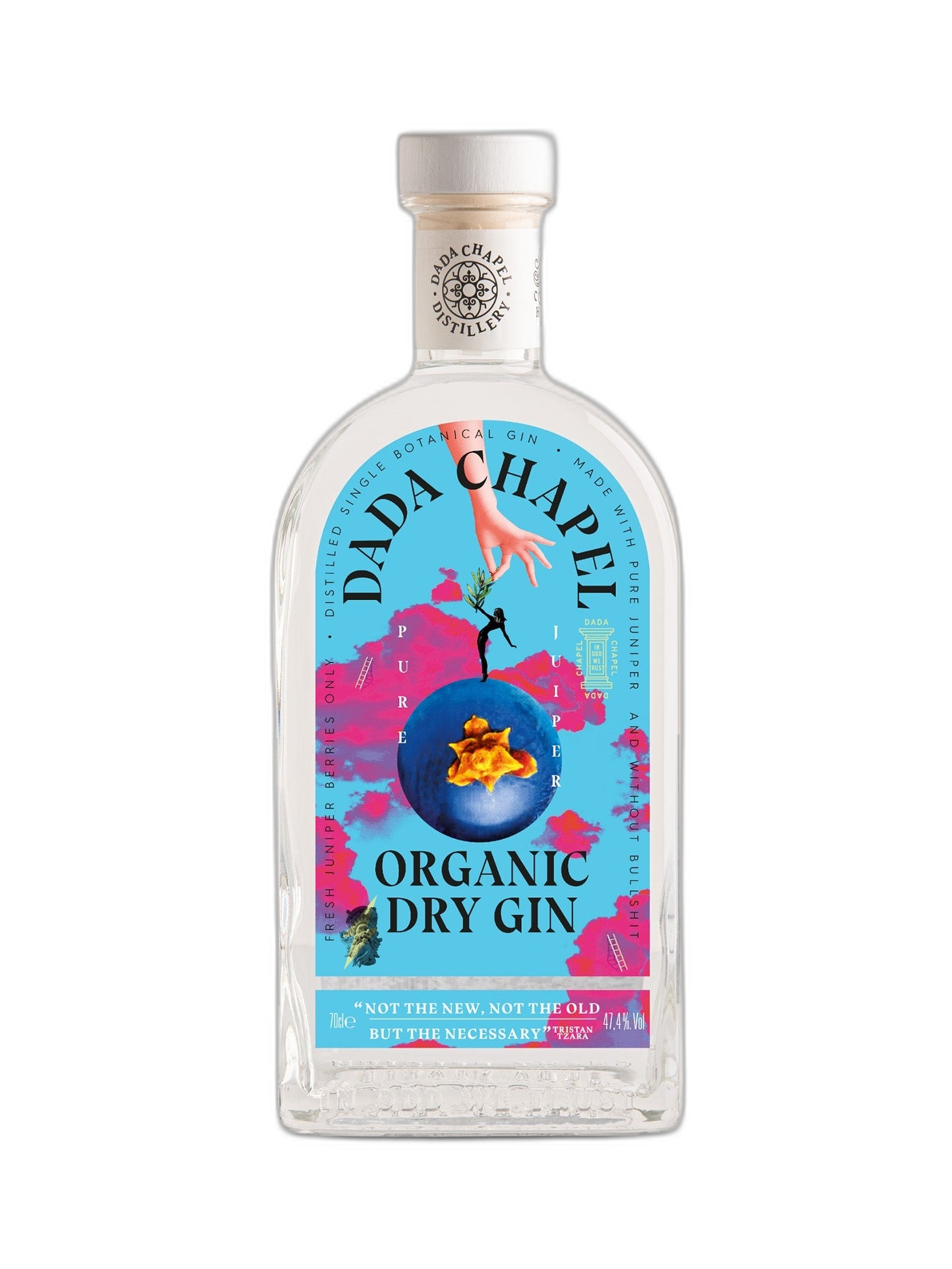 Dada Chapel Organic Dry Gin 47.4°, 70cl bottle with clear label, showcasing a premium gin with botanical elements on the label.