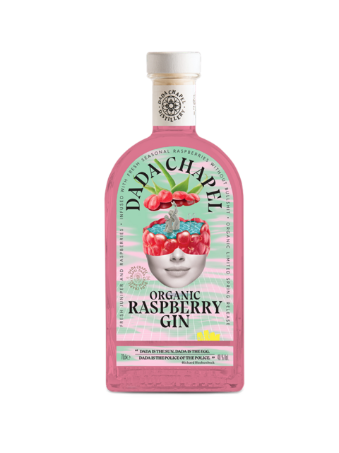 Dada Chapel Organic Raspberry Gin 40° 70cl bottle with raspberry infusions and elegant label, showcasing the gin's natural ingredients.