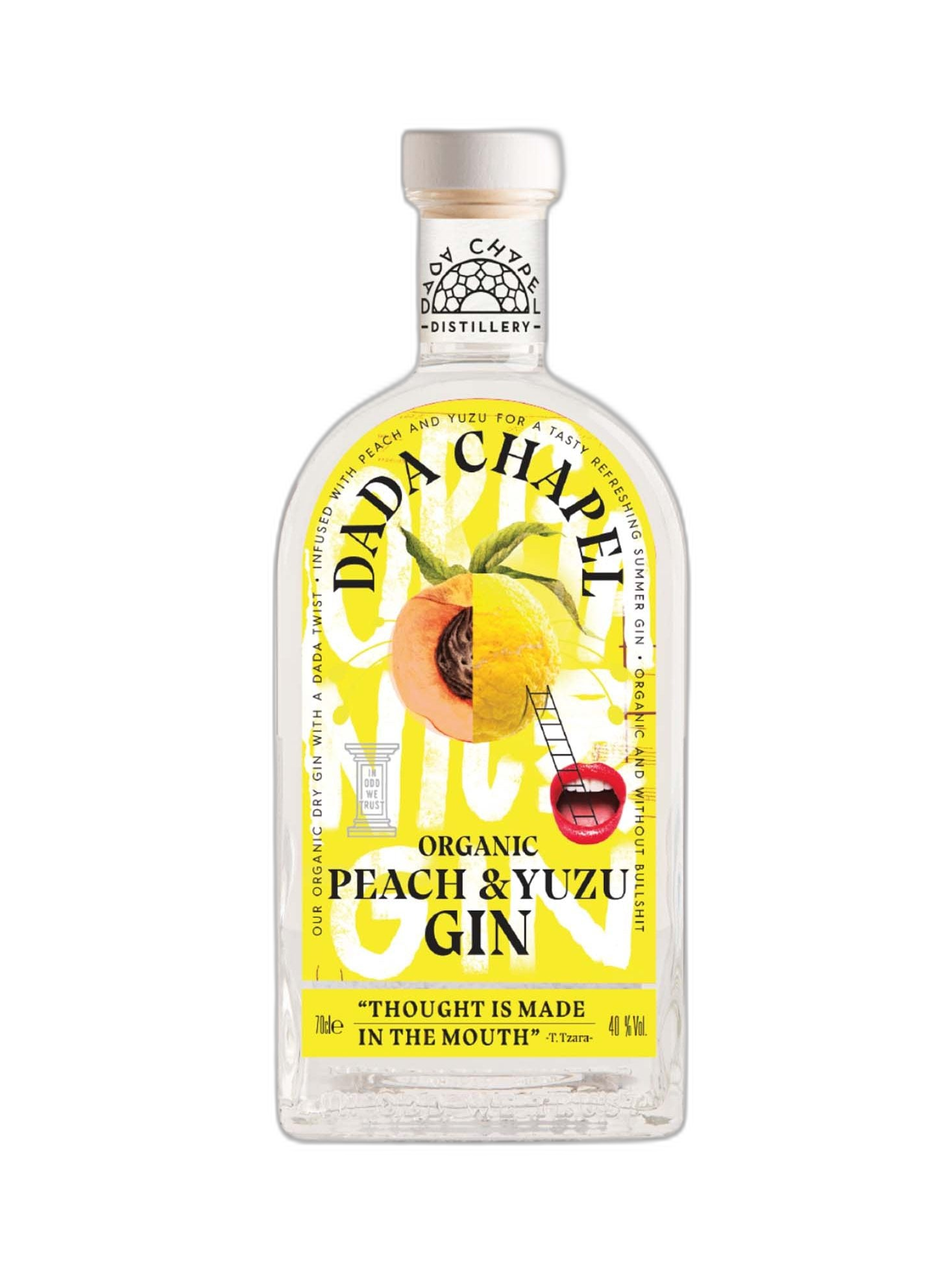 Dada Chapel Organic Peach Yuzu Gin bottle with label, 70cl, 40° alcohol, featuring a clear glass bottle and colorful label design.