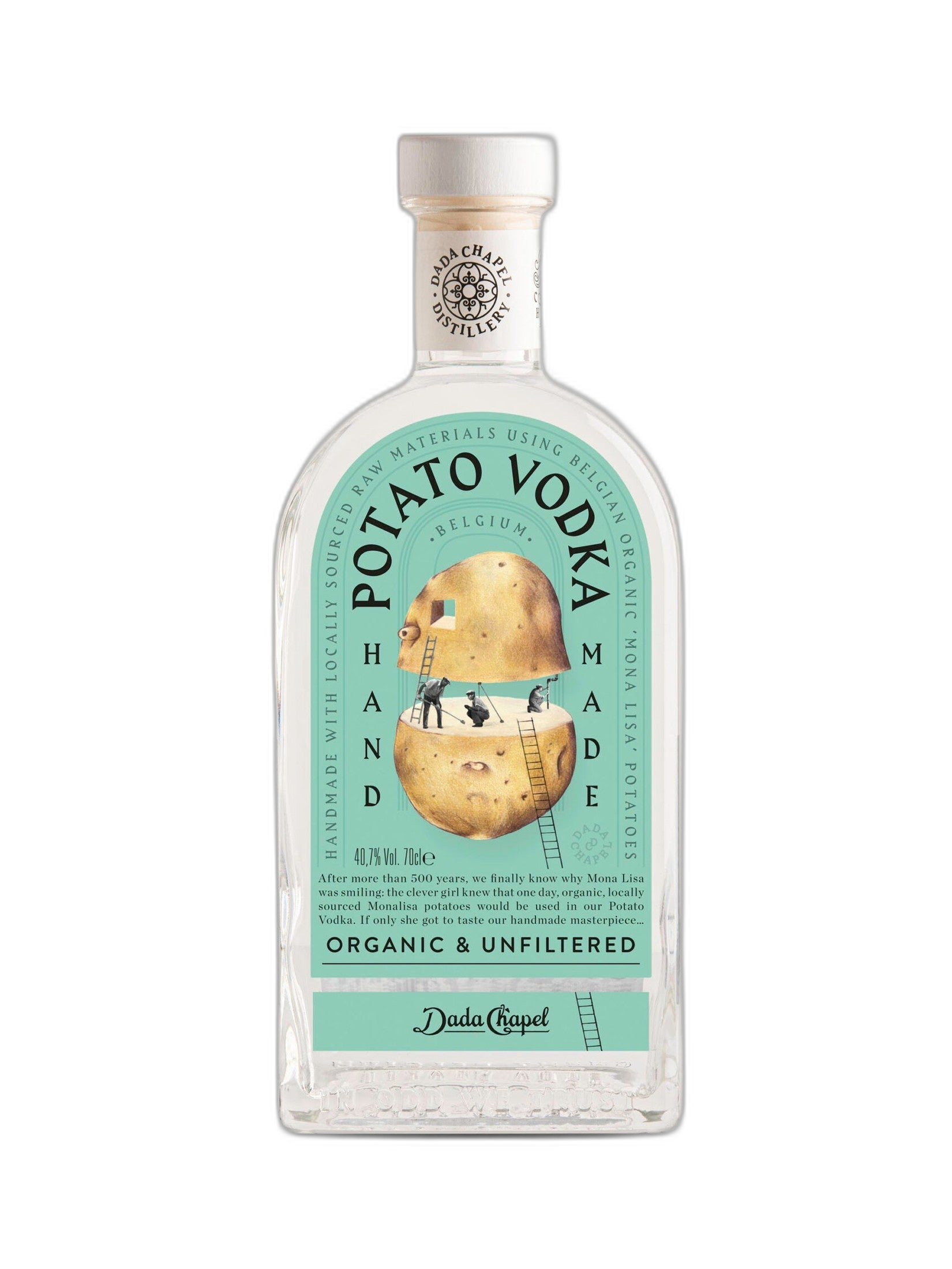 Dada Chapel Potato Vodka 40.7° 70cl bottle with clear glass and label, showcasing the premium vodka brand and packaging.