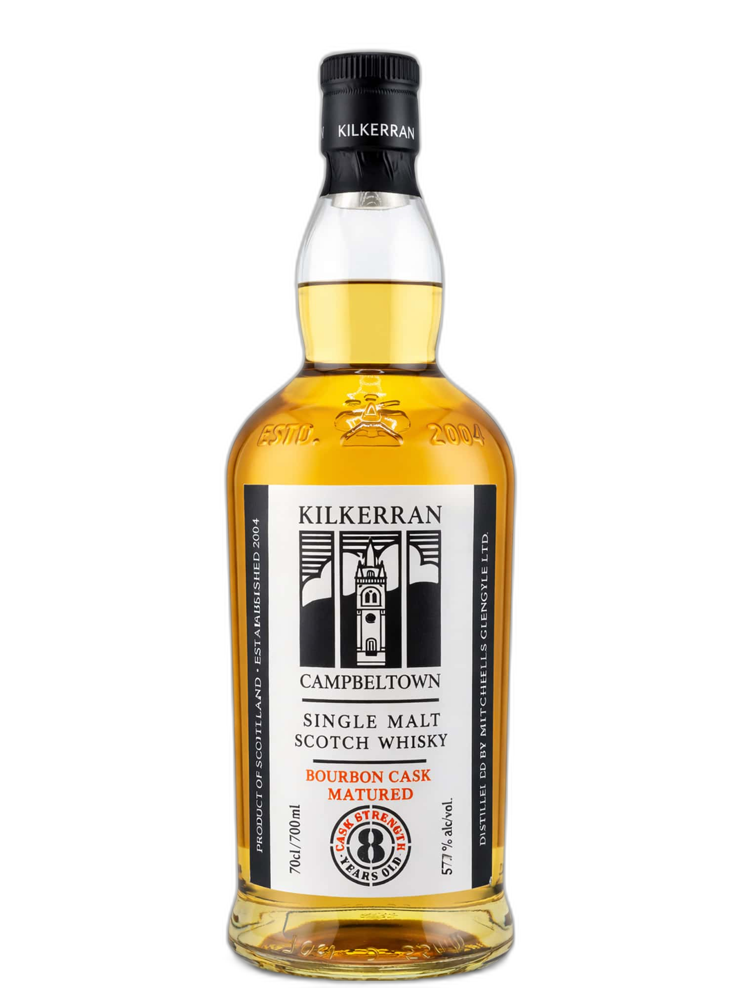 Kilkerran 8-Year-Old Cask Strength Scotch Whisky by Glengyle Distillery in 70cl bottle, featuring rich amber color and detailed label