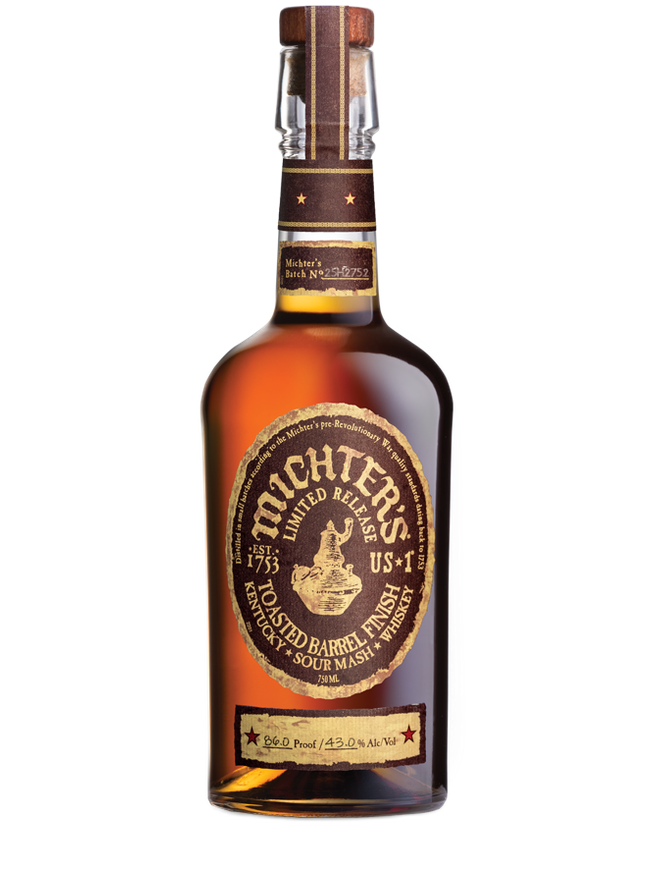Michter's Toasted Sour Mash American Whiskey 43° in a 75cl bottle, showcasing the amber-colored whiskey with a simple label.