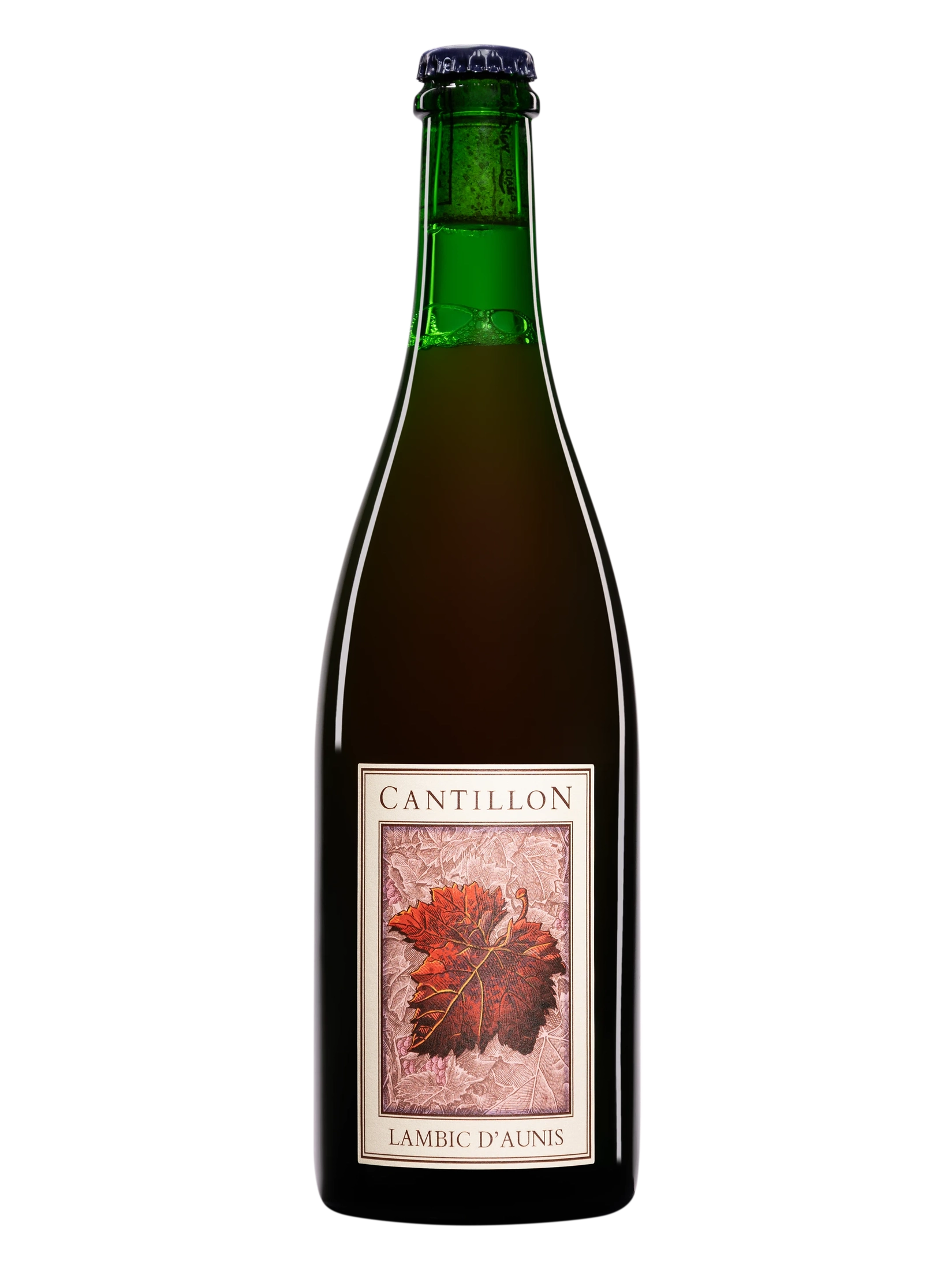 Bottle of Cantillon Lambic d'Aunis Belgian Lambic beer from Brasserie Cantillon with a dark label and traditional cap.