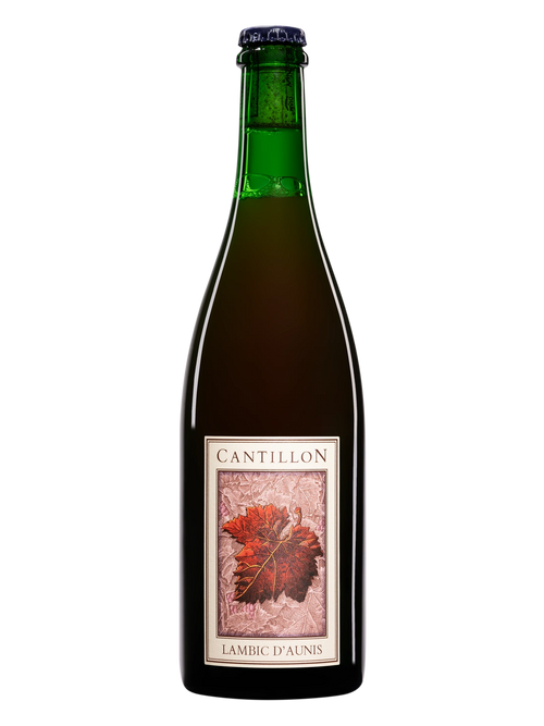 Bottle of Cantillon Lambic d'Aunis Belgian Lambic beer from Brasserie Cantillon with a dark label and traditional cap.
