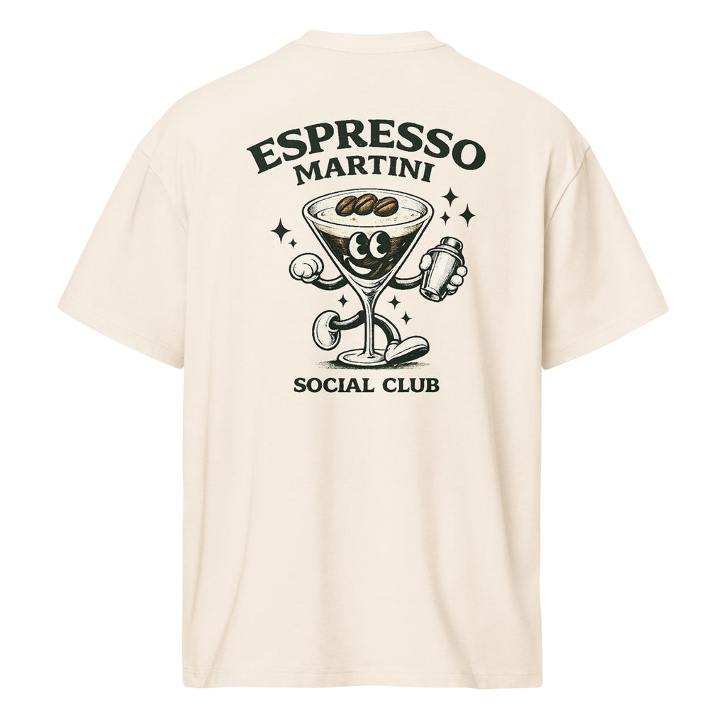 Men's vintage white box tee from Espresso Martini Social Club by Fine Spirits Consulting, featuring a relaxed fit and branded design.