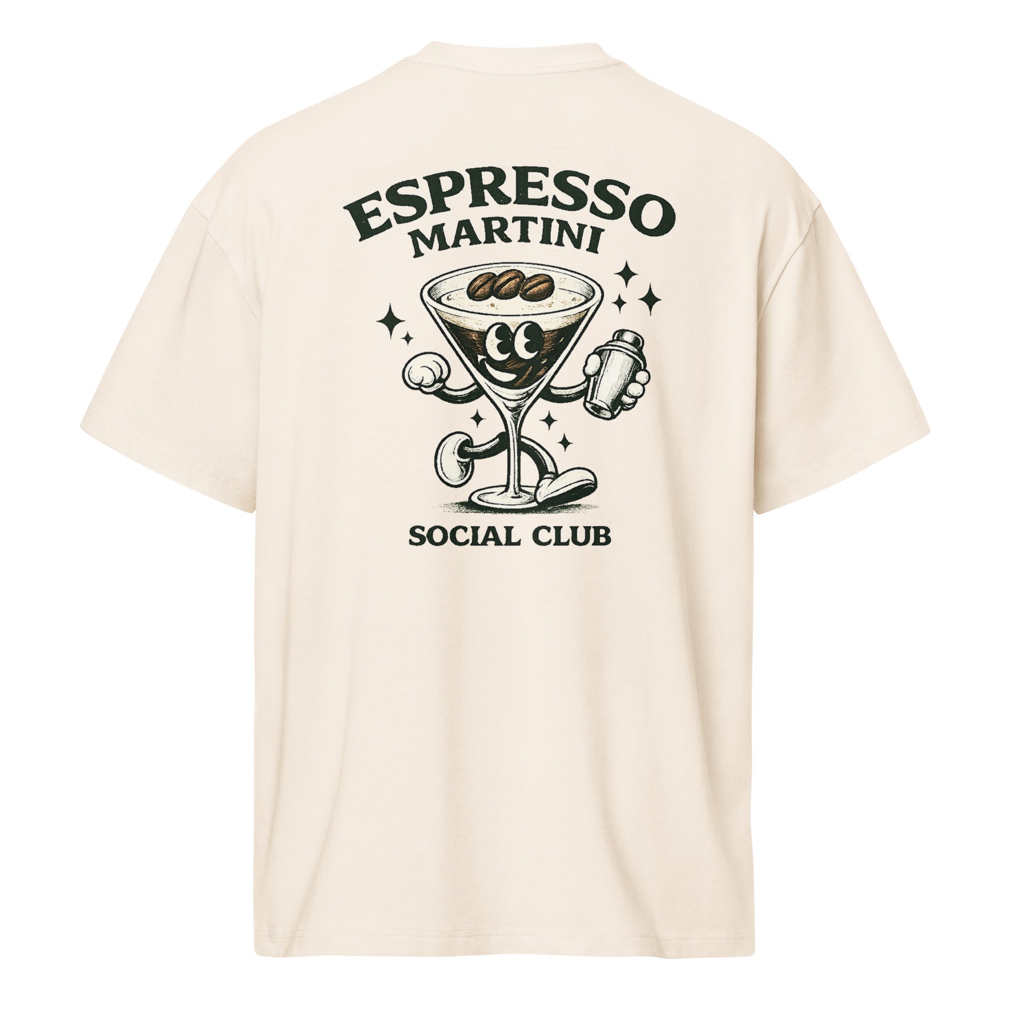 Men's vintage white box tee from Espresso Martini Social Club by Fine Spirits Consulting, featuring a relaxed fit and branded design.