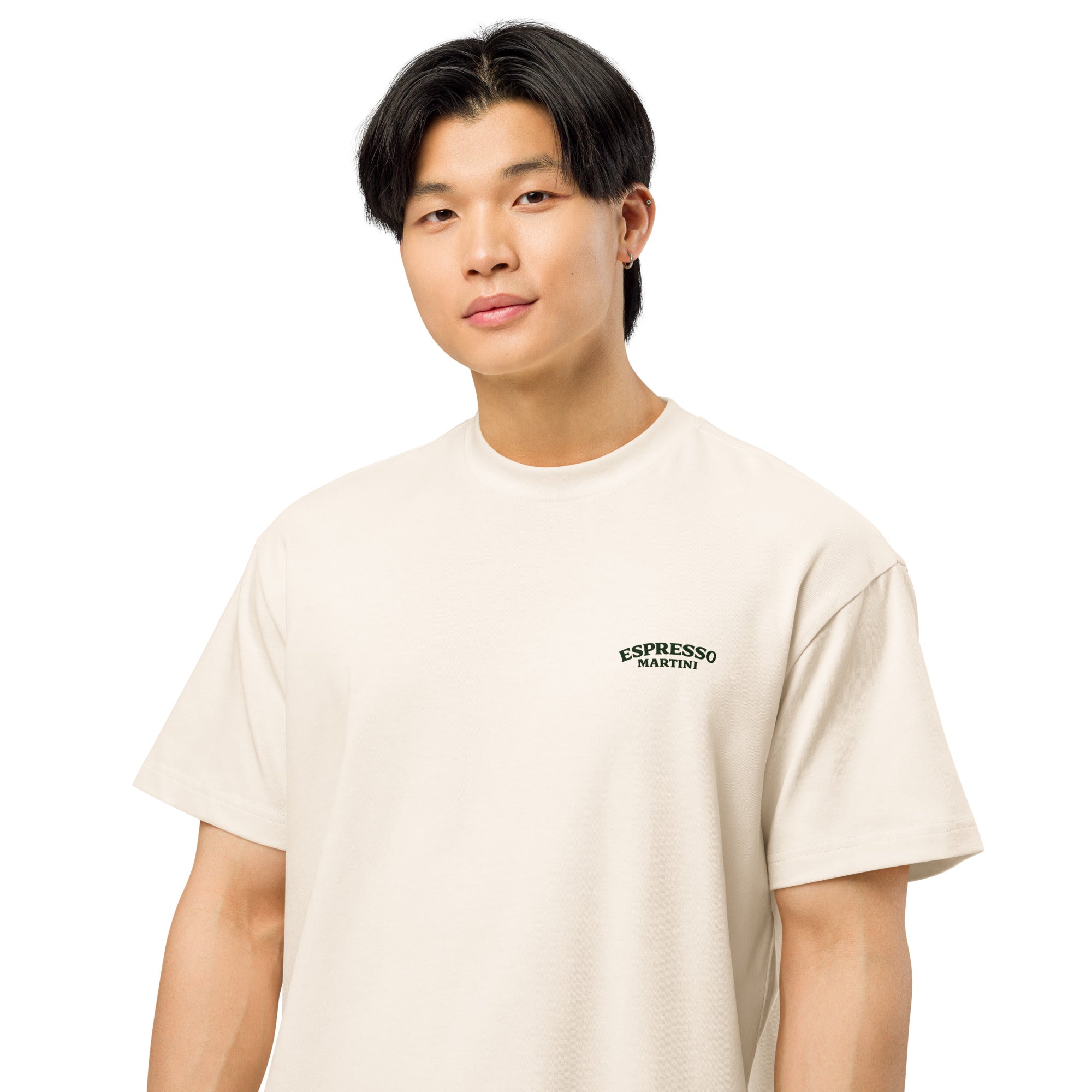 Men’s vintage white box tee from Espresso Martini Social Club by Fine Spirits Consulting, featuring classic logo design.