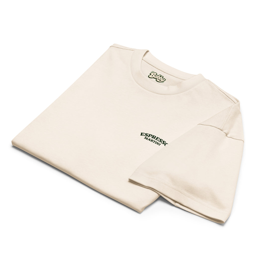 Men's vintage white box tee featuring Espresso Martini Social Club logo, made by Fine Spirits Consulting, casual merch for social gatherings.