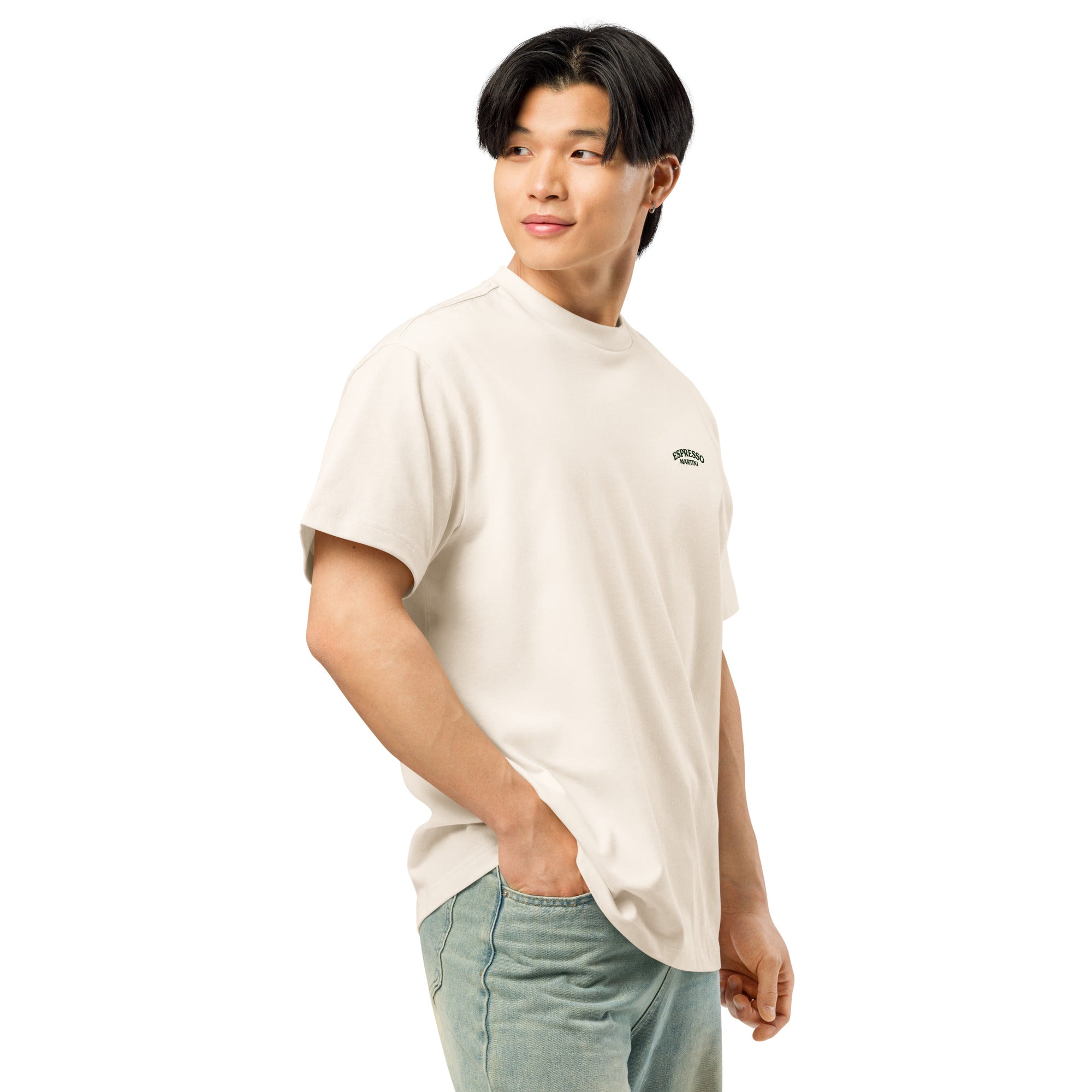 Men’s box tee from Espresso Martini Social Club by Fine Spirits Consulting, vintage white with front design, casual and stylish.