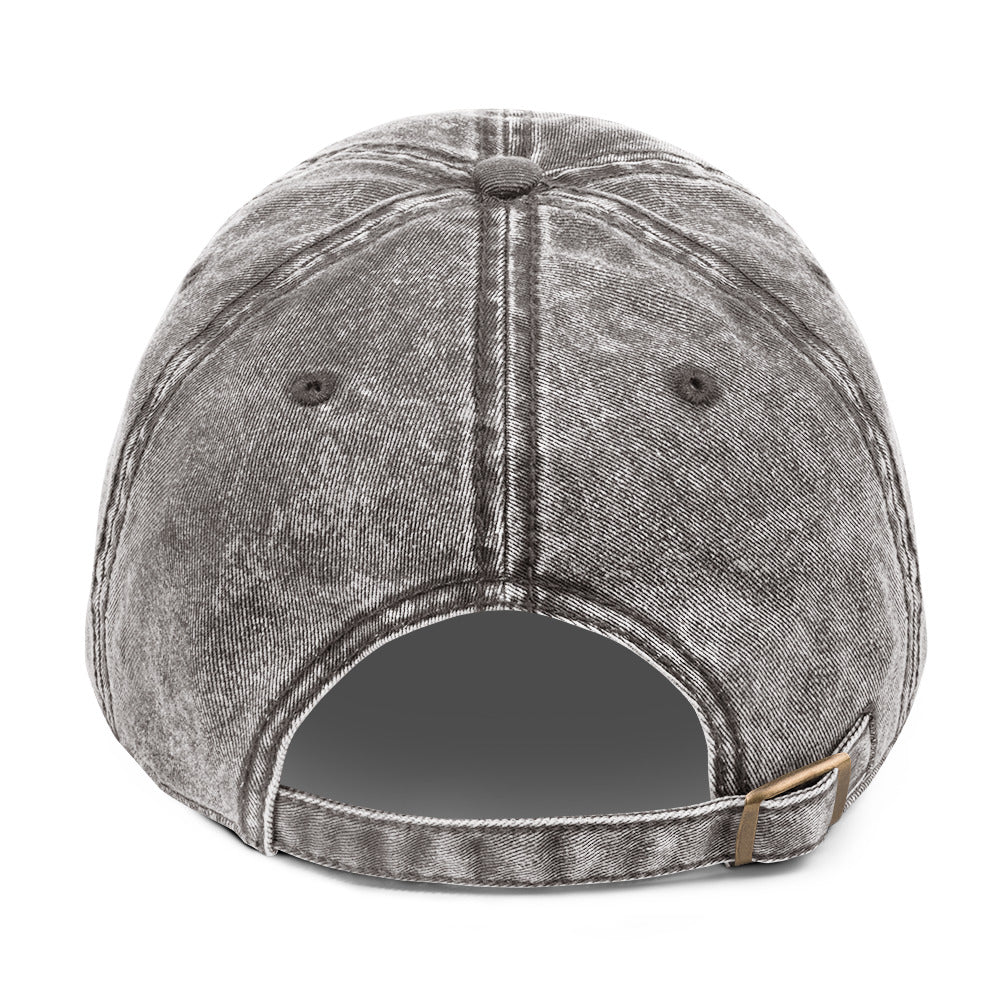 Charcoal grey vintage cotton twill cap with adjustable back strap, branded by Fine Spirits Consulting.