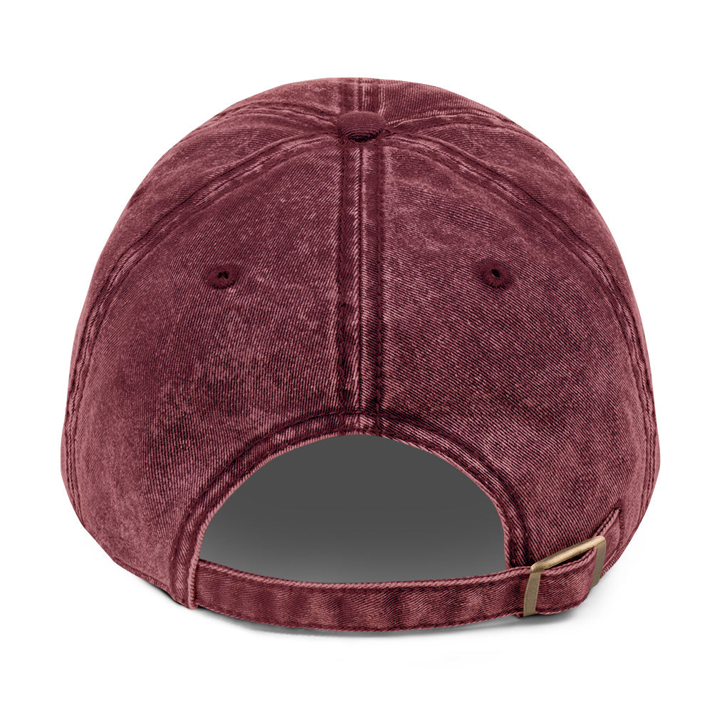 Maroon vintage cotton twill cap with adjustable back strap, classic style, by Fine Spirits Consulting.