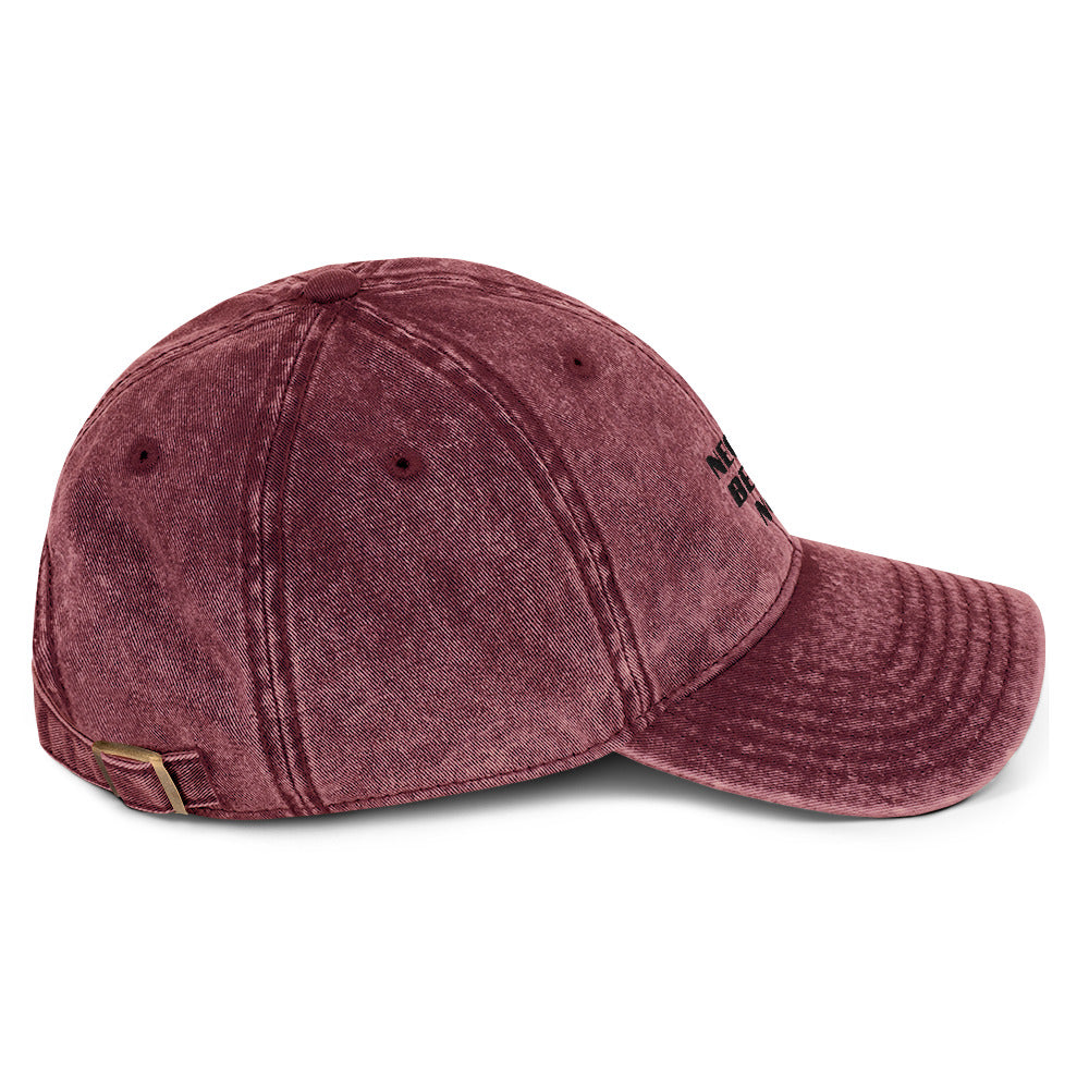 Maroon vintage cotton twill cap from Fine Spirits Consulting, showing the right side with stitched details and classic style.