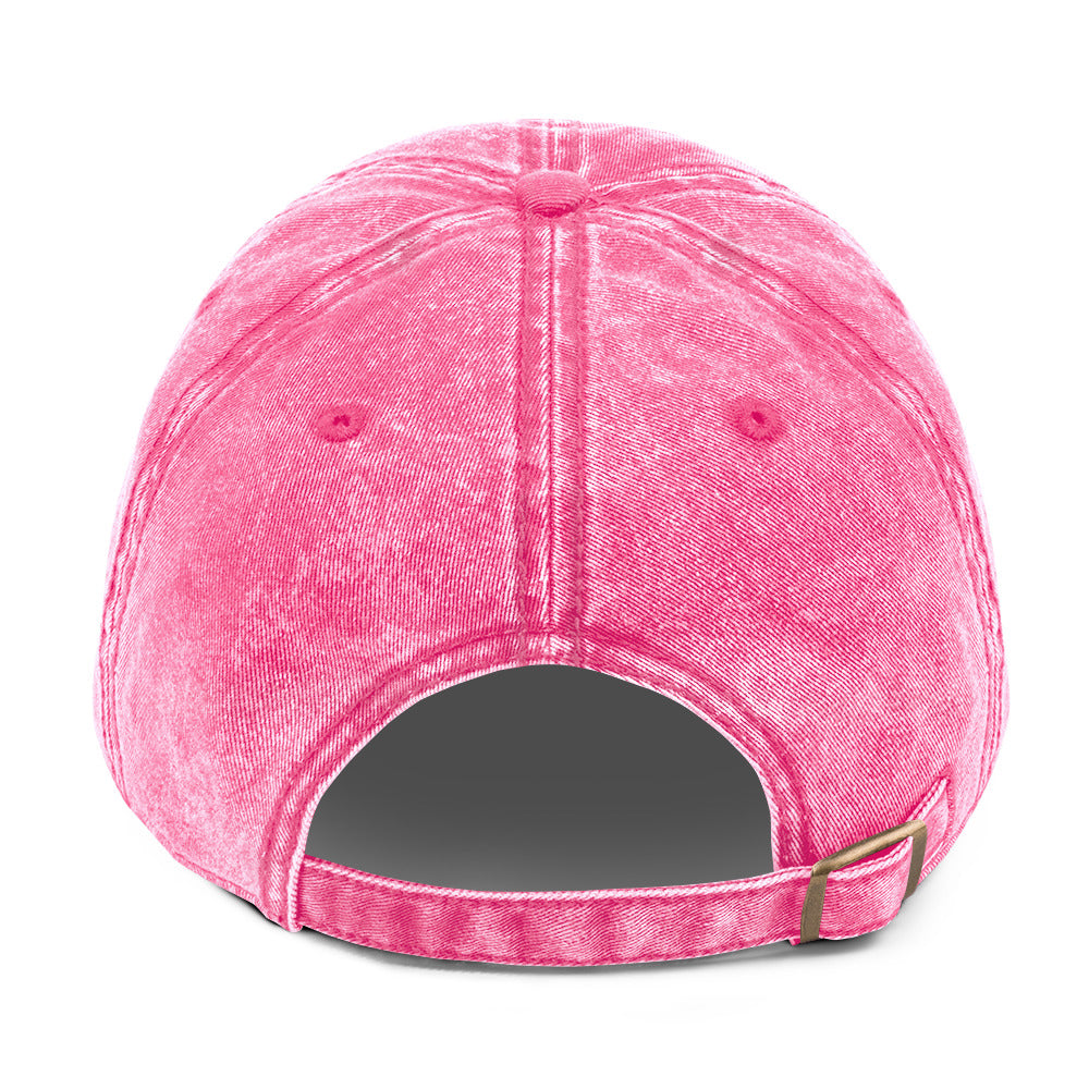 Pink vintage cotton twill cap with adjustable back strap, designed by Fine Spirits Consulting, showcasing classic casual style.