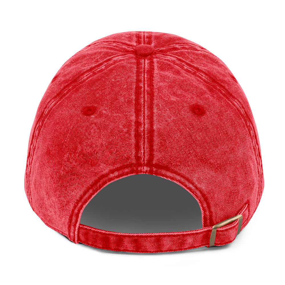 Red vintage cotton twill cap with adjustable back strap, crafted by Fine Spirits Consulting, casual headwear for a classic style.
